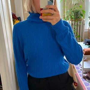 Vibrant blue cableknit cashmere sweater
